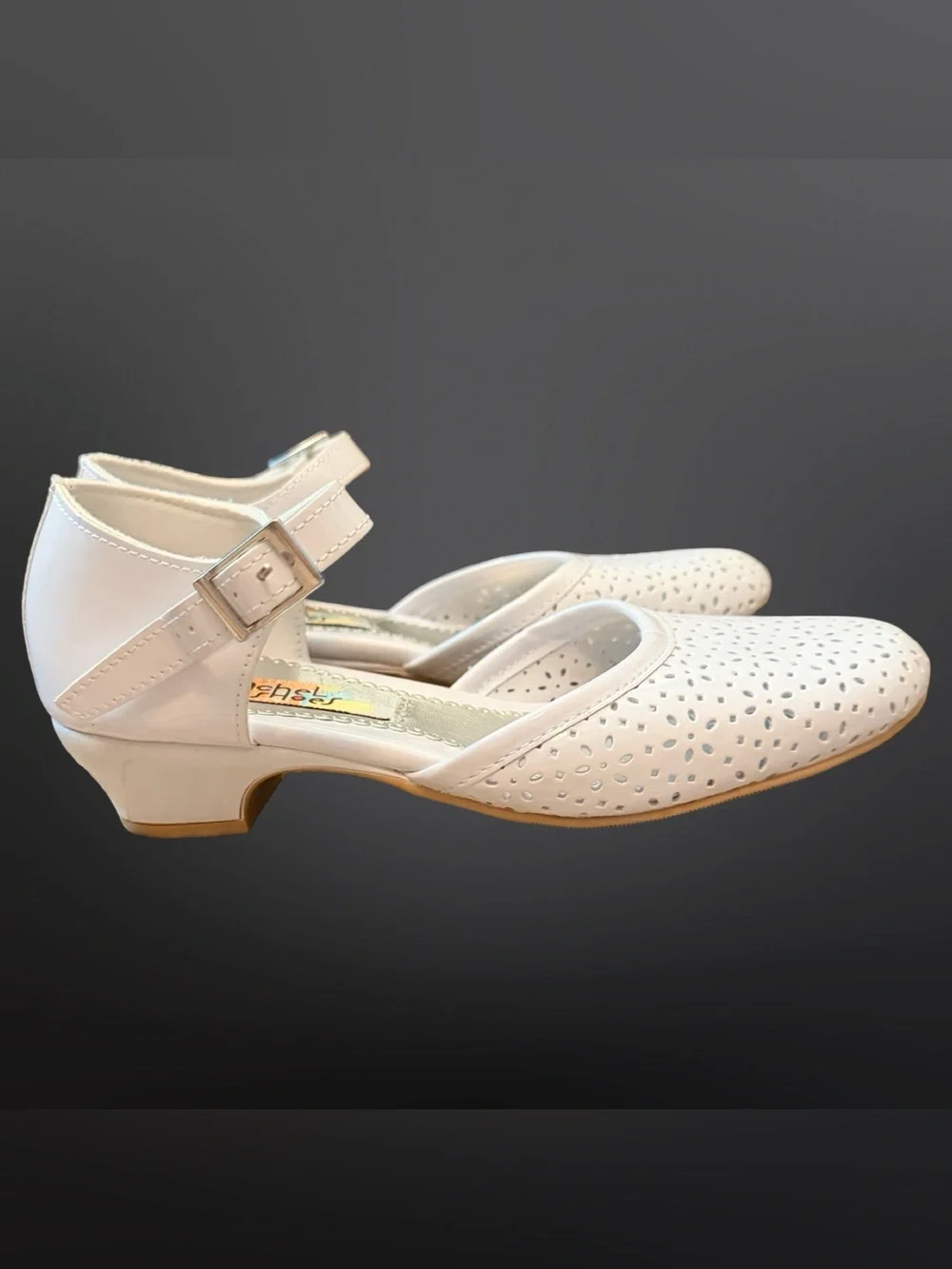 Rachel Girls White Perforated Floral Heels | Size 3
